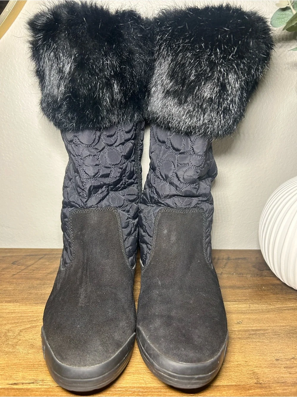 Coach Black Quilted Winter Boots with Faux Fur Cuff